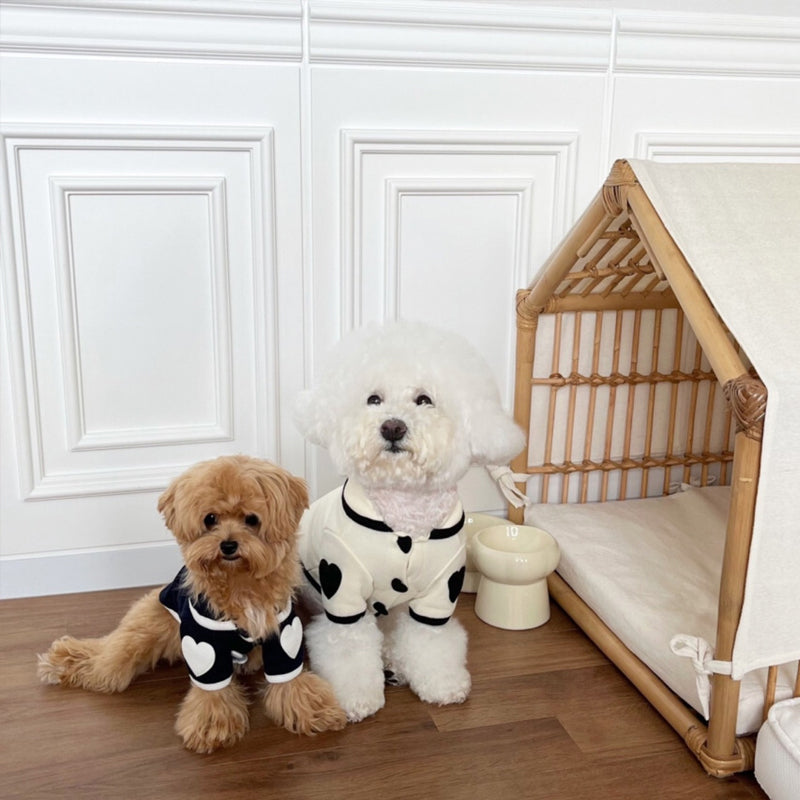 Pet pajamas, plush onesie, Bichon warm vest, heart-print winter dog clothes, two-leg snap-button puppy outfits.