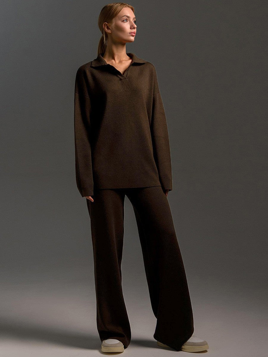 Winter Solid Color Polo Neck Wide Leg Pants Two-Piece Set for Women