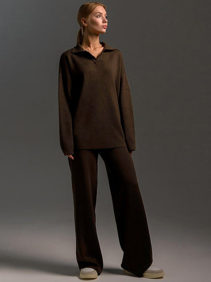 Winter Solid Color Polo Neck Wide Leg Pants Two-Piece Set for Women