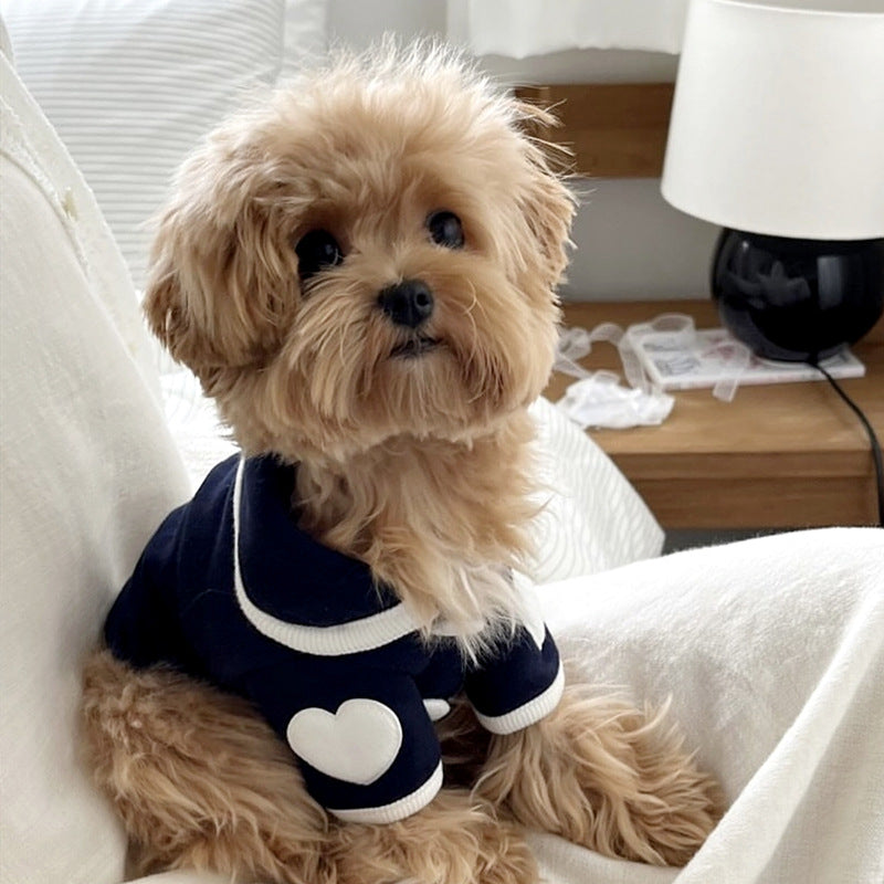 Pet pajamas, plush onesie, Bichon warm vest, heart-print winter dog clothes, two-leg snap-button puppy outfits.