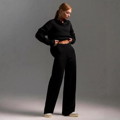 Winter Solid Color Polo Neck Wide Leg Pants Two-Piece Set for Women
