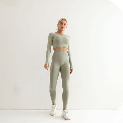 Seamless Yoga Suit Women's Long Sleeve Sports Top High Waist Hip Lifting Sports Tights Pants