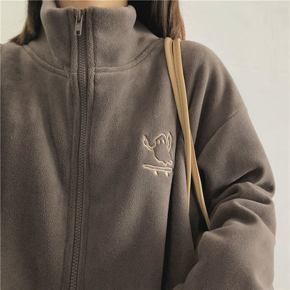 Double sided fleece jacket for women autumn and winter semi high neck zipper cardigan hoodie for women