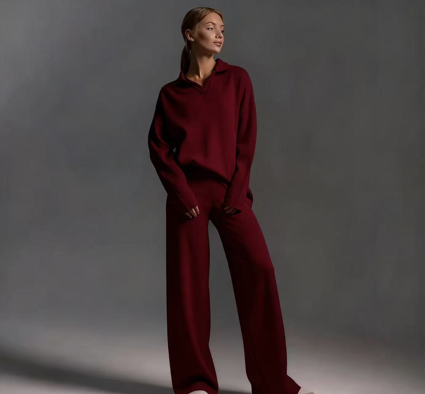 Winter Solid Color Polo Neck Wide Leg Pants Two-Piece Set for Women