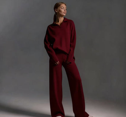 Winter Solid Color Polo Neck Wide Leg Pants Two-Piece Set for Women