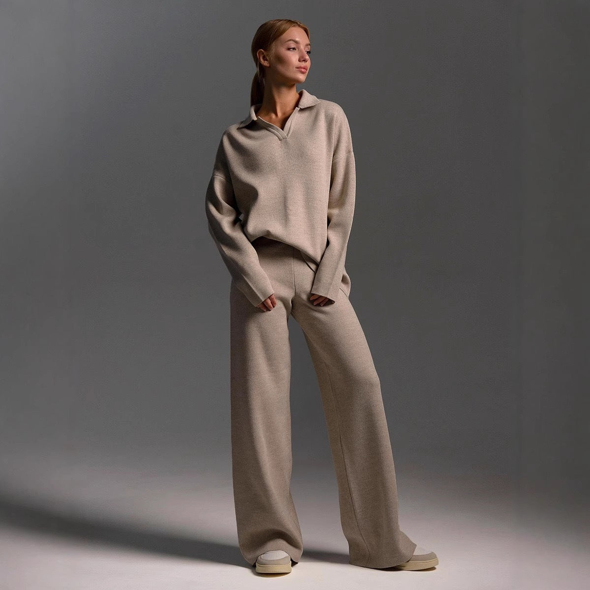 Winter Solid Color Polo Neck Wide Leg Pants Two-Piece Set for Women