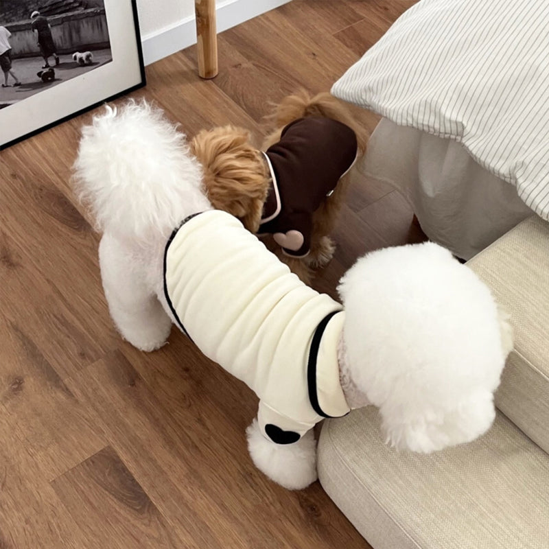 Pet pajamas, plush onesie, Bichon warm vest, heart-print winter dog clothes, two-leg snap-button puppy outfits.