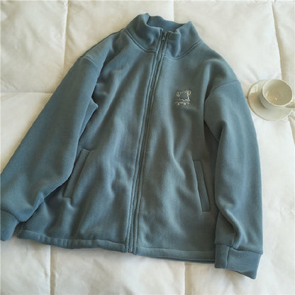 Double sided fleece jacket for women autumn and winter semi high neck zipper cardigan hoodie for women