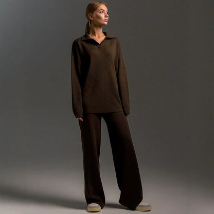 Winter Solid Color Polo Neck Wide Leg Pants Two-Piece Set for Women