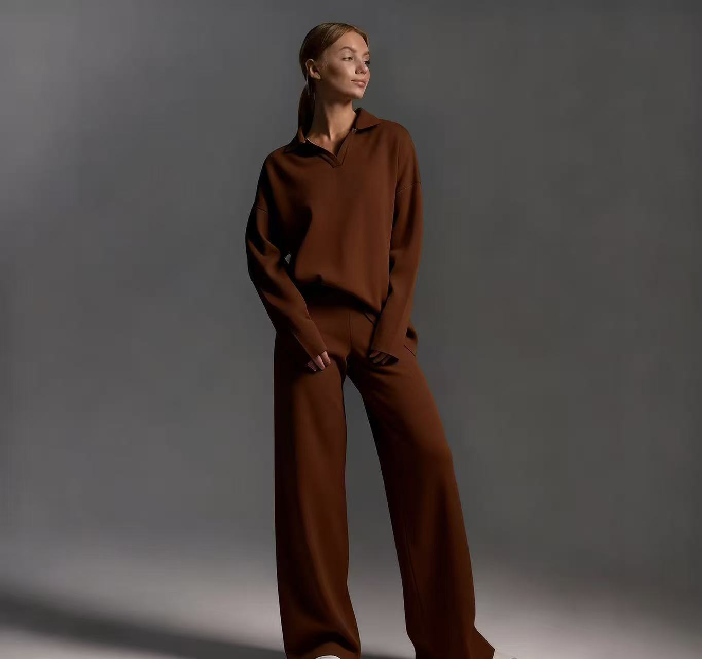 Winter Solid Color Polo Neck Wide Leg Pants Two-Piece Set for Women