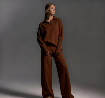 Winter Solid Color Polo Neck Wide Leg Pants Two-Piece Set for Women