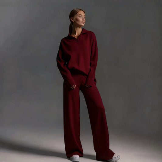 Winter Solid Color Polo Neck Wide Leg Pants Two-Piece Set for Women