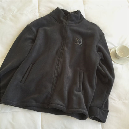 Double sided fleece jacket for women autumn and winter semi high neck zipper cardigan hoodie for women