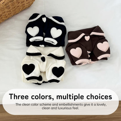 Pet pajamas, plush onesie, Bichon warm vest, heart-print winter dog clothes, two-leg snap-button puppy outfits.