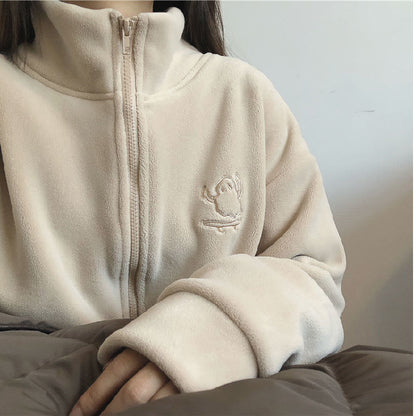 Double sided fleece jacket for women autumn and winter semi high neck zipper cardigan hoodie for women